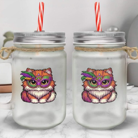 Mardi Gras Persian Cat, Dressed-up Cat Mason Jar Cups