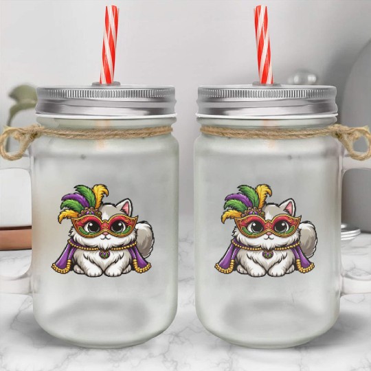 Mardi Gras Persian Cat, Masked Cat Costume Mason Jar Cups