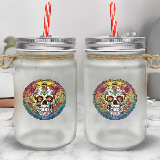 Sugar skull rainbow Mason Jar Cups