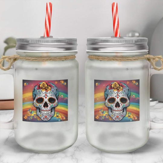 A Sugar Skull pastel colors & Rainbow Mason Jar Cups
