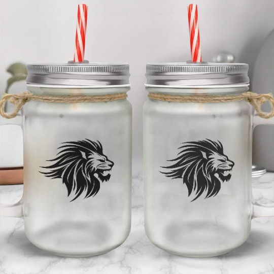 Waving Mane Lion Head Tattoo Ink Style Mason Jar Cups
