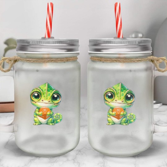 Chameleon Holding 20-sided Dice Mason Jar Cups