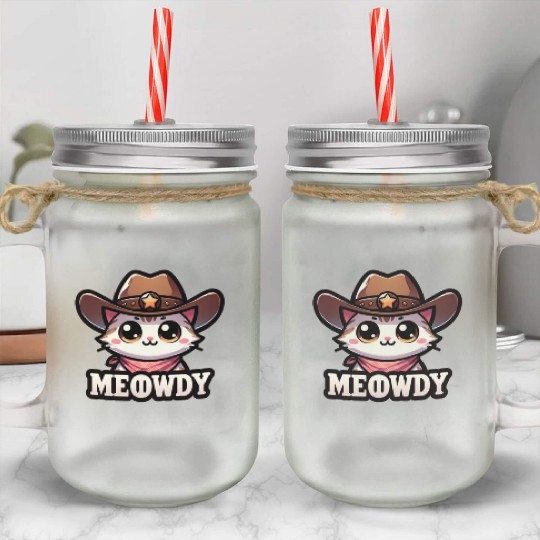Cute Meowdy Cat Cowboy Pun Mason Jar Cups