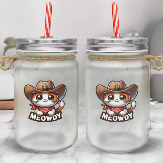Cute Meowdy Cat Cowboy Pun Mason Jar Cups