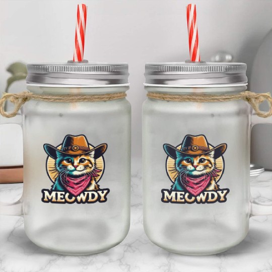 Cute Meowdy Cat Cowboy Pun Mason Jar Cups