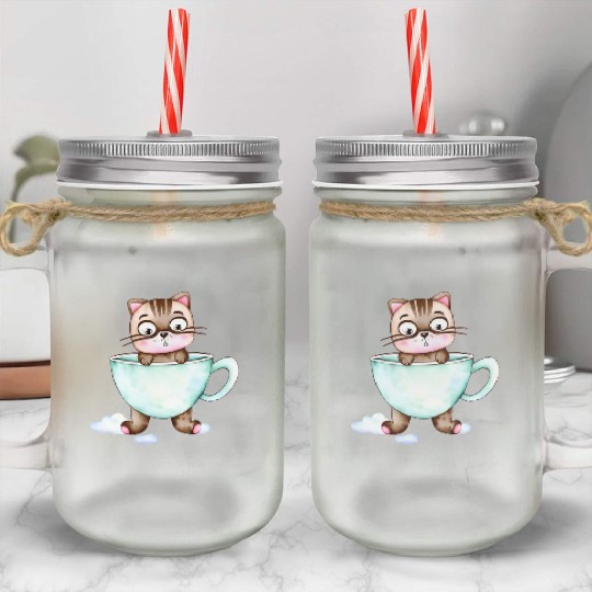 Surprised Silly Cat Wearing Coffee Cup Mason Jar Cups