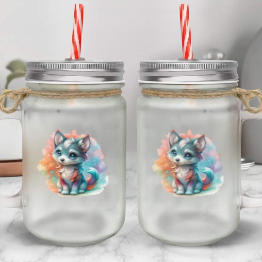 Cute Chibi Grey Wolf For Wolf Lovers Mason Jar Cups