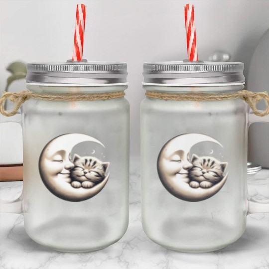 Peaceful Kitten and Moon Embrace Mason Jar Cups