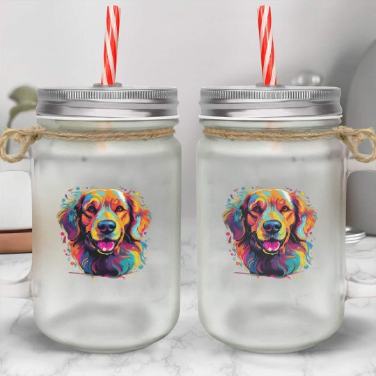 Watercolor Colorful Golden Retriever Mason Jar Cups