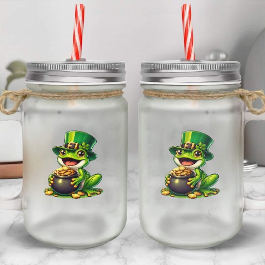 St. Patrick's Day Frog with Gold Mason Jar Cups