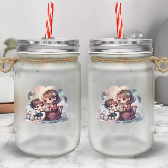 Mother and Son Enjoying a Cozy Tea Party Mason Jar Cups