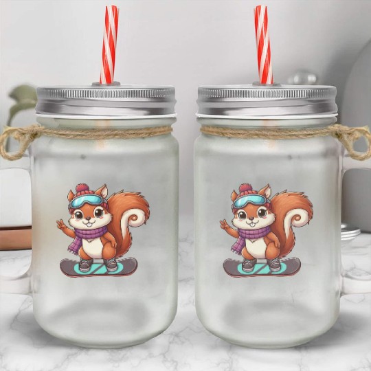 Snowboarding Squirrel Winter Adventure Mason Jar Cups