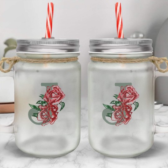 Capital letter J monogram and contour rose flowers Mason Jar Cups