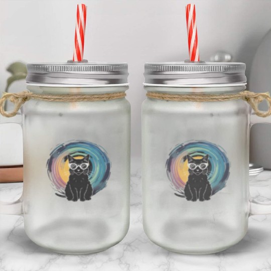 Solar Eclipse 2024 Cat Wearing Glasses Mason Jar Cups