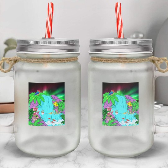 Northern Lights Waterfall Serenity with Swimmers Mason Jar Cups