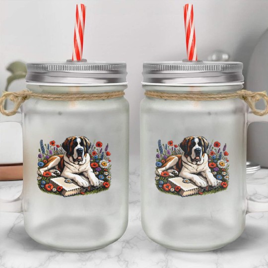 Wildflower St Bernard Reading Book Dog Puppy Lover Mason Jar Cups