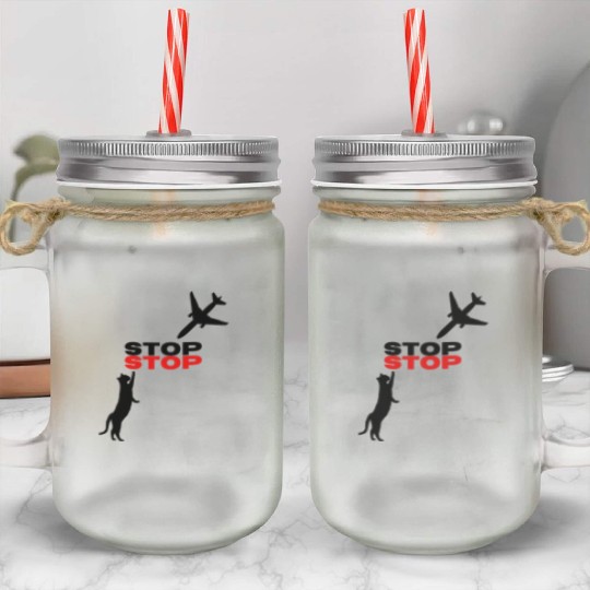 Funny Hilarious Cat Kitty Stop Airplane In Mid Air Mason Jar Cups