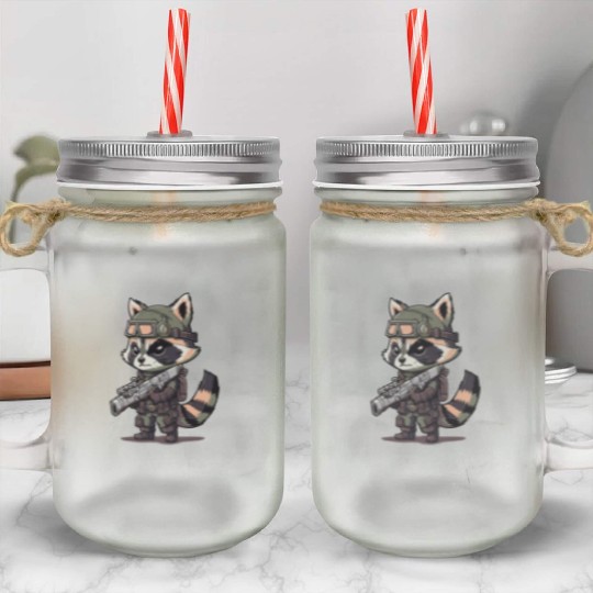 Angry wild raccoon with gun Mason Jar Cups