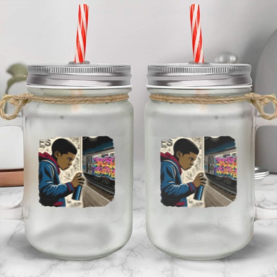 AI Teen in Underground Subway Layup -Masked Border Mason Jar Cups