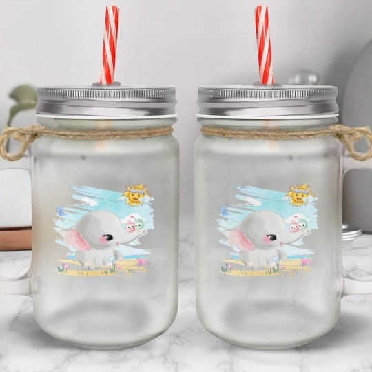 Elephant Walking At Beach With 2 Birds Friends Mason Jar Cups