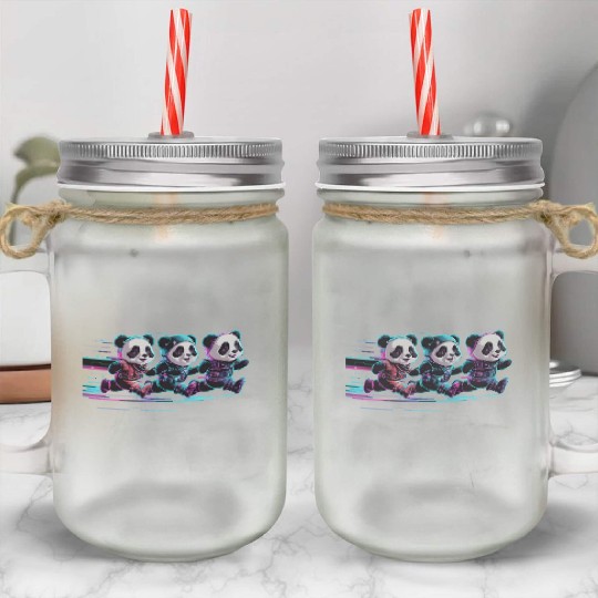 funny panda running with a joyful Mason Jar Cups