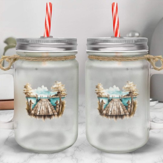 Wooden Dock By A Peaceful Lake Mason Jar Cups
