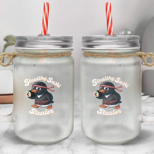 Ninja Penguin Stealing Sushi Mason Jar Cups