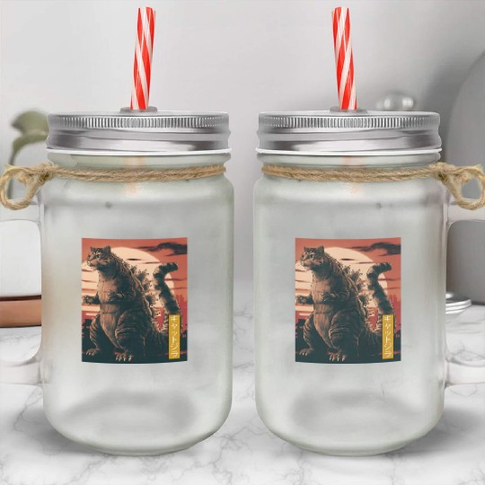 Funny Cute Cat Art Japanese Sunset Retro Catzilla Mason Jar Cups