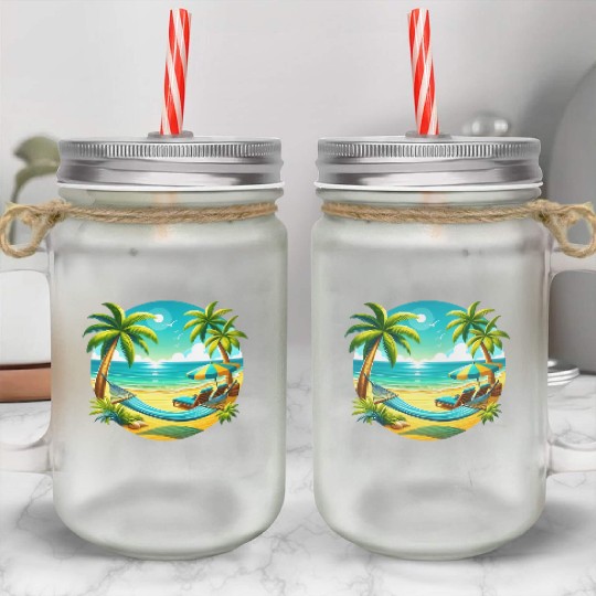 Paradise Beach Sunset Art Mason Jar Cups