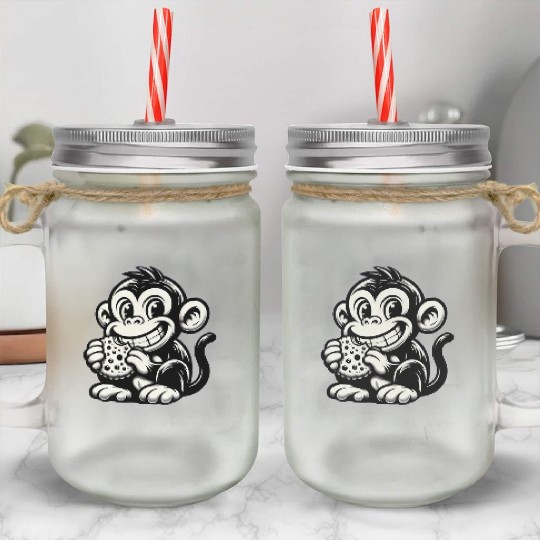 Chimpanzee with Cookie Monochrome Design Mason Jar Cups