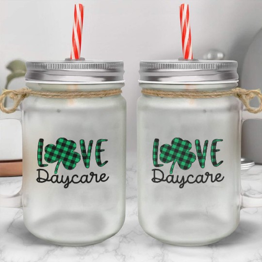 St Patricks Day Daycare Teacher Plaid Shamrock Mason Jar Cups