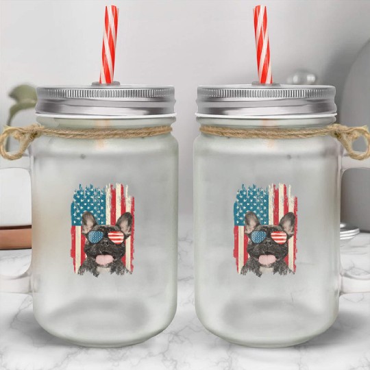 French Bulldog US Flag Retro 4th of July Dog Lover Mason Jar Cups