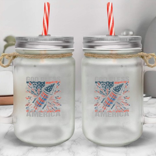 God Bless America Retro US Flag Funny Fireworks Mason Jar Cups
