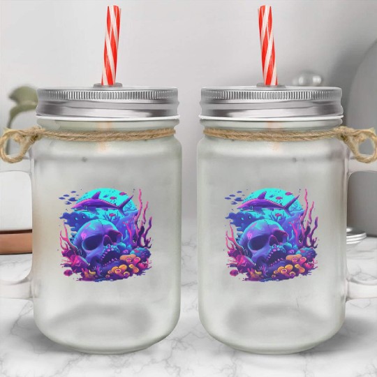 Neon Blue Skull and Shark Mason Jar Cups