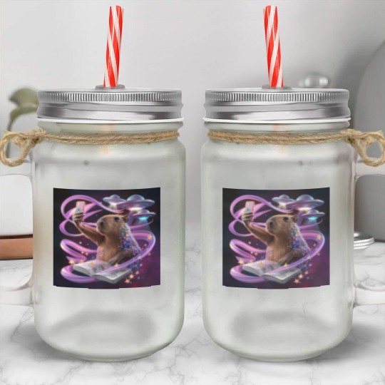 Funny Graphic Mason Jar Cups Capybara Selfie with UFOs Weird