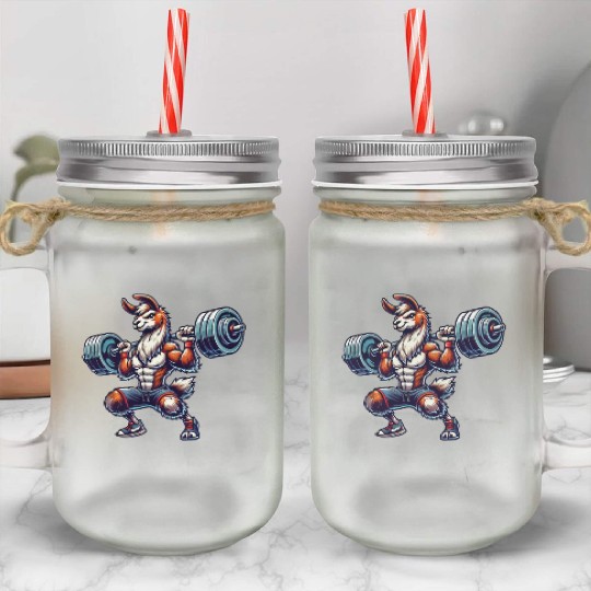 Llama Alpaca Barbell Weightlifting Workout Mason Jar Cups