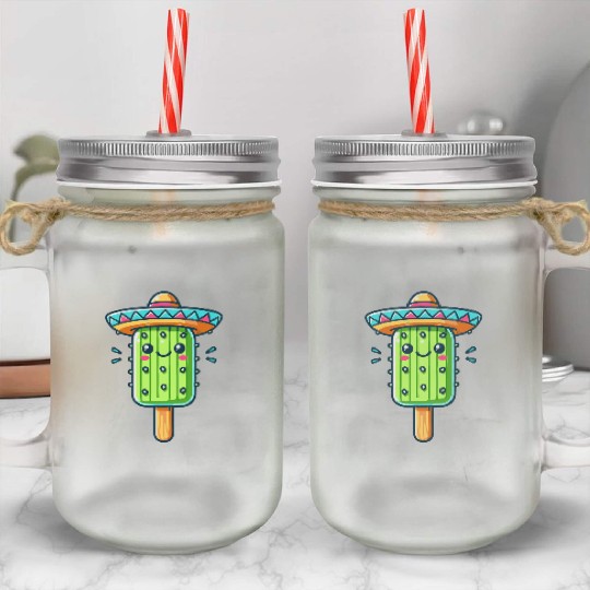 funny cactus ice cream motif with colorful sombrer Mason Jar Cups