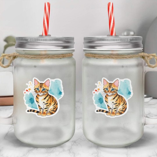 Leopard Cat Watercolor Mason Jar Cups