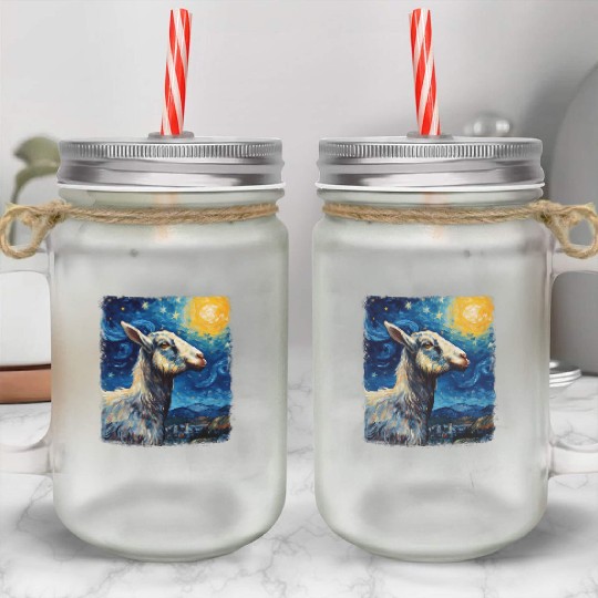 Goat Farm Animal Farmer Starry Night Painting Mason Jar Cups
