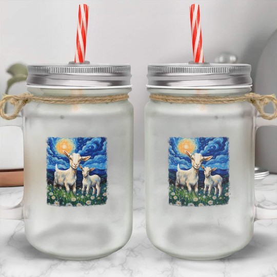 Goats Farm Animals Farmer Starry Night Painting Mason Jar Cups