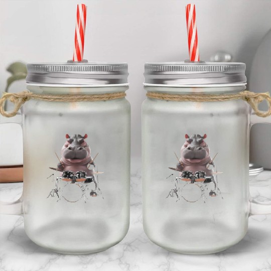 Hippo Playing Drums Realistic Mason Jar Cups