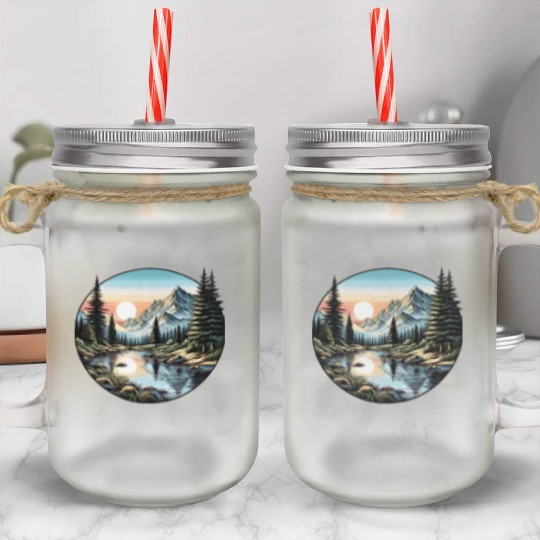 Tranquil Mountain Sunrise: Serene Landscape Art Mason Jar Cups