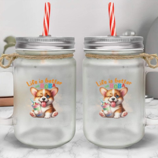 Corgi with BOBA tea Milk TEA Bubble tea Mason Jar Cups