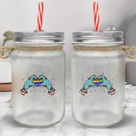 Halloween Hand Skeleton Heart LGBT Pride Rainbow Mason Jar Cups