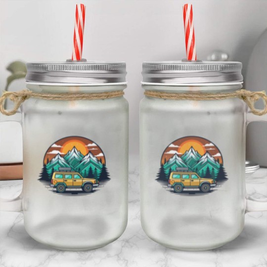 Camper Van parked Lake with Mountains Mason Jar Cups