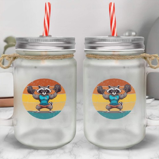 raccoon gym workout fitness retro Mason Jar Cups