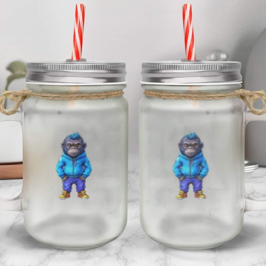 Illustration of a hip-hop chibi gorilla. Mason Jar Cups
