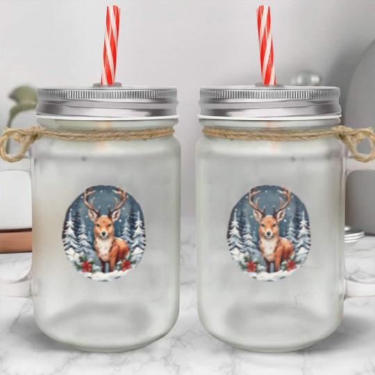 Christmas Deer with Poinsettia and Snow Mason Jar Cups