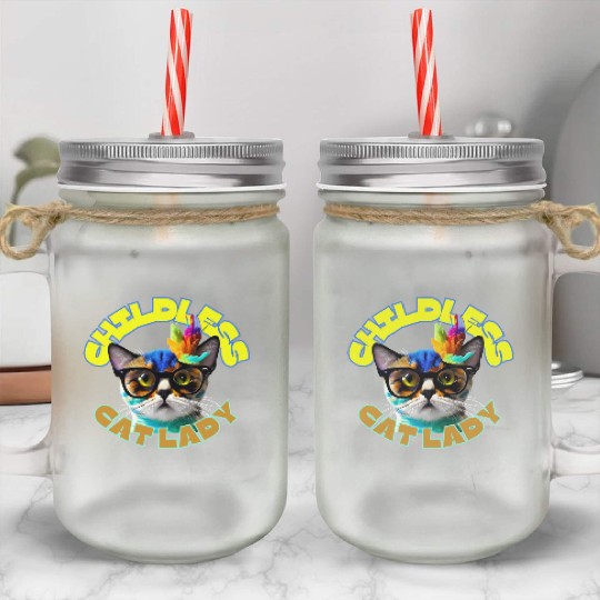Colorful Cat with Glasses - Childless Cat Lady Mason Jar Cups