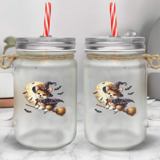 Corgi Witch Flying on Broom Halloween Moon Bats Pr Mason Jar Cups